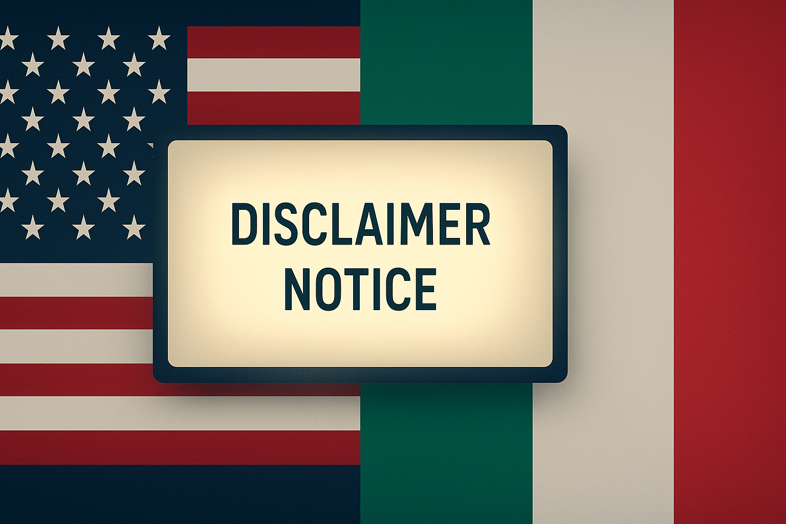 An abstract design combining the American and Italian flags with a glowing disclaimer notice projected onto a symbolic movie screen, representing unity and cultural respect.